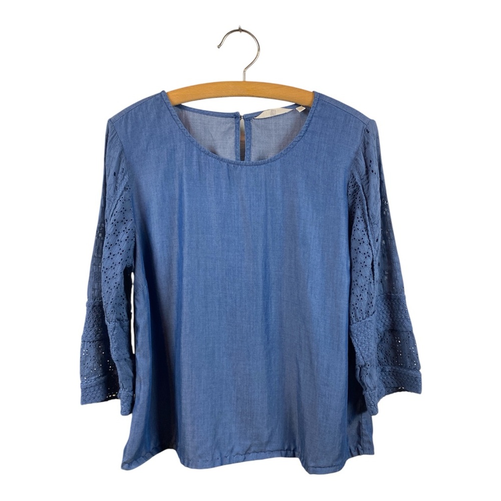 Soft Surroundings Women's Blue Blouse Top Size Large Cowgirl Coastal Grandma